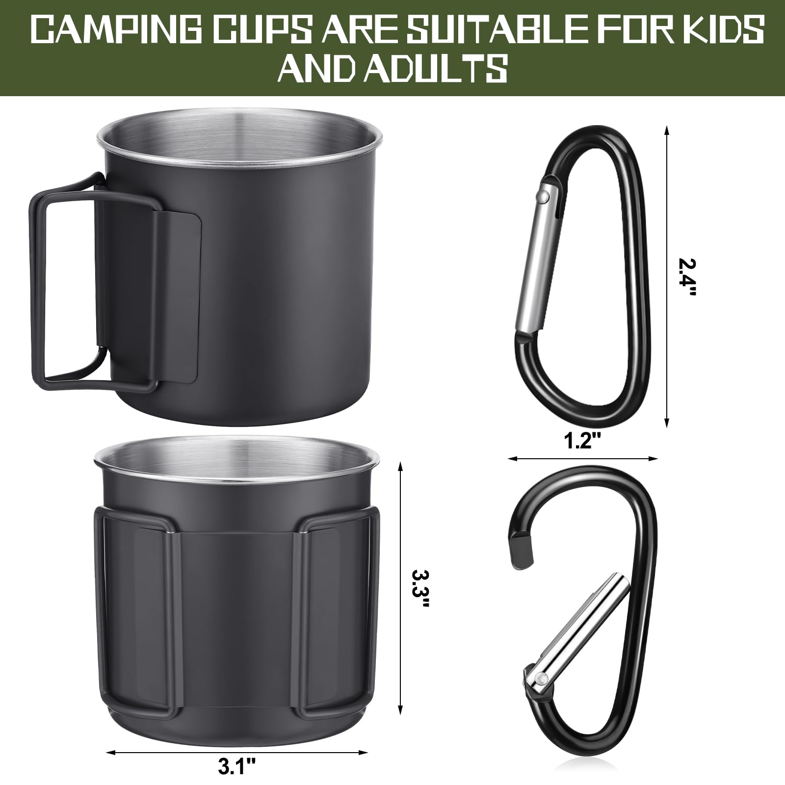 Zhehao 4 tazas de camping de acero inoxidable con asas plegables y pequeños anillos en D portátiles de 12 onzas, tazas de café para camping, mochileros, tazas de viaje para acampar al aire libre,