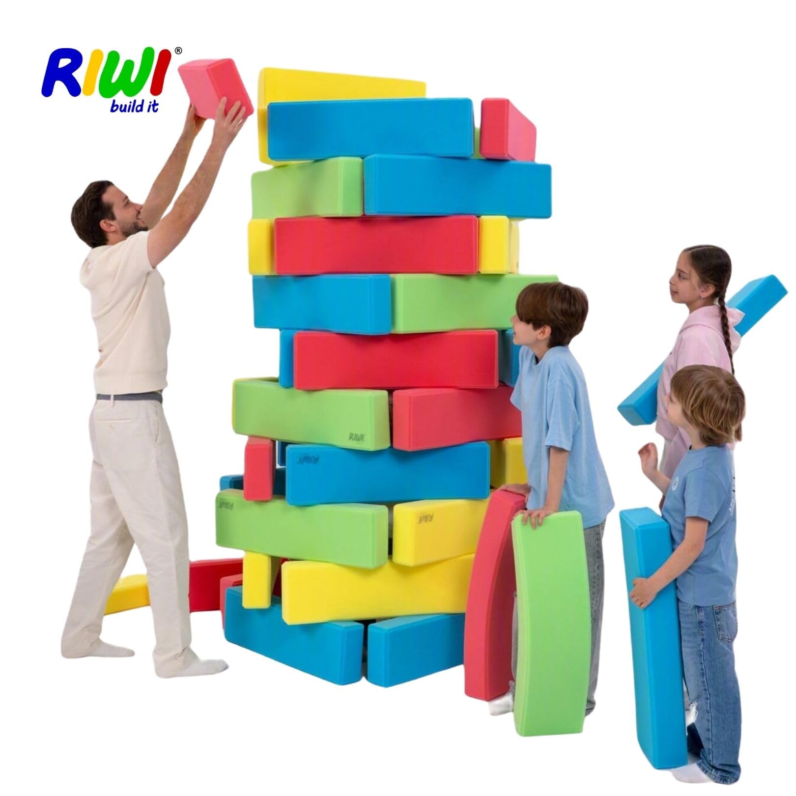 RIWI Set di 48 mattoncini da costruzione XXL in gommapiuma, grandi mattoncini morbidi per bambini, certificati TÜV Austria e Öko-Tex, lavabili in lavatrice
