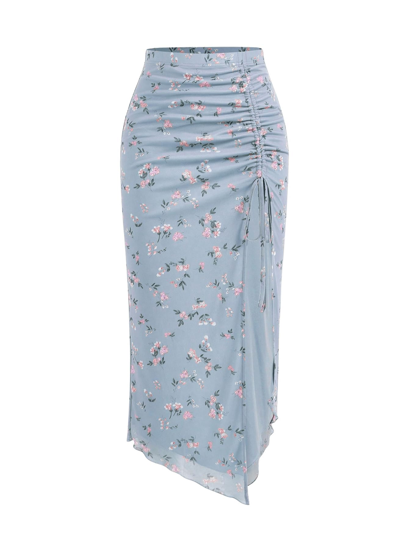Verdusa Womens Floral High Waist Side Slit Maxi Skirt Mesh Drawstring Bodycon Ruffle Hem Long Skirt