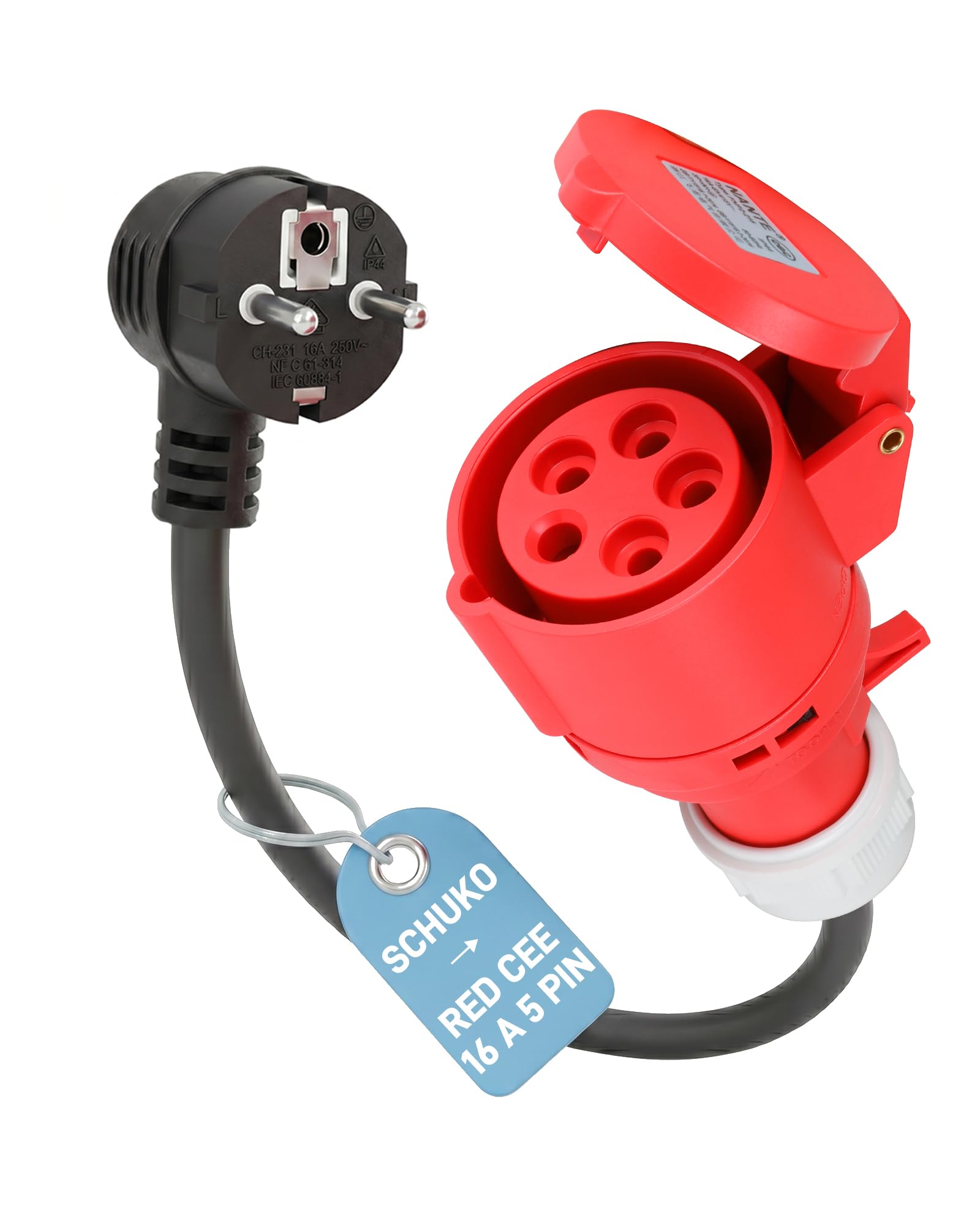 Adapter/Przejściówka Wtyk Schuko na gniazdo CEE 16A 5P czerwone | Kabel 50 cm 3G2,5 mm² | maks. 16 A | do ładowarek EV i PHEV, mobilnych wallboxów, warsztatu i przemysłu