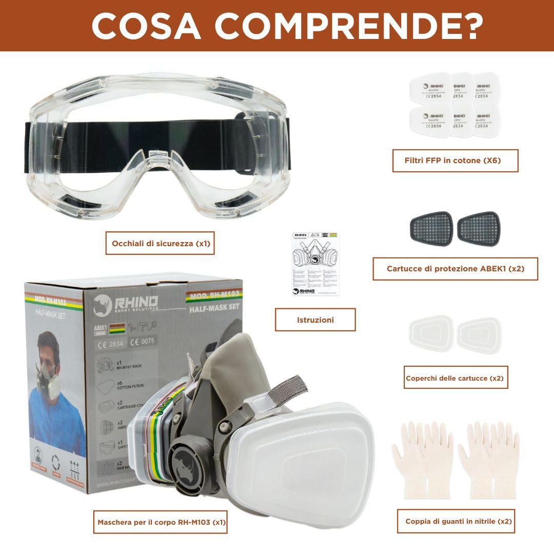 RHINO Smart Solutions Maschera antipolvere, maschera antigas riutilizzabile, filtri antiparticolato