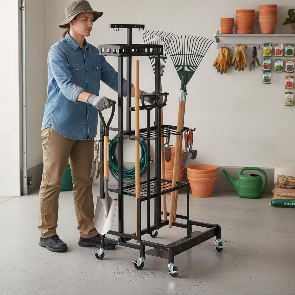 Rack Rangement pour Outils Jardin, Avec roues