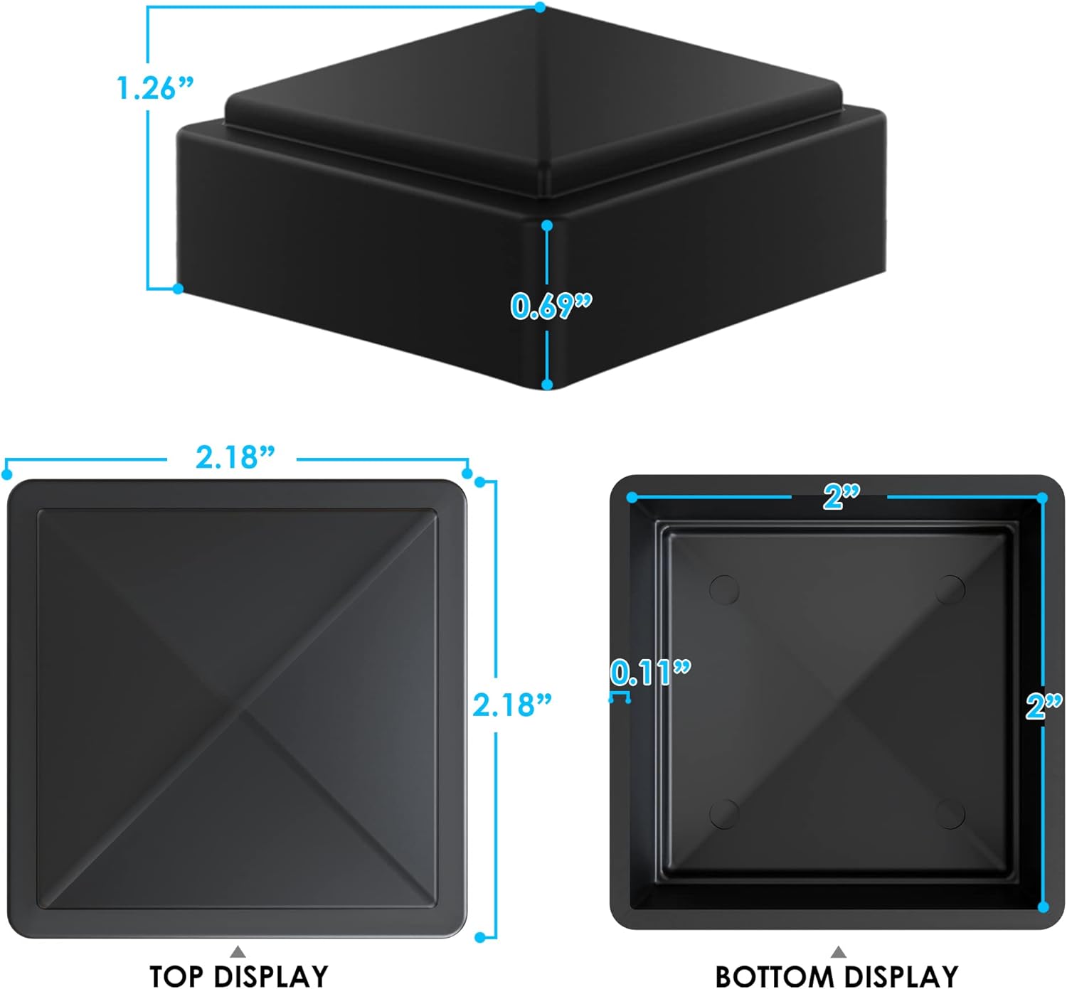 2x2 Fence Post Black Plastic Caps for Metal, Plastic,Vinyl or Wood (Pack of 16)