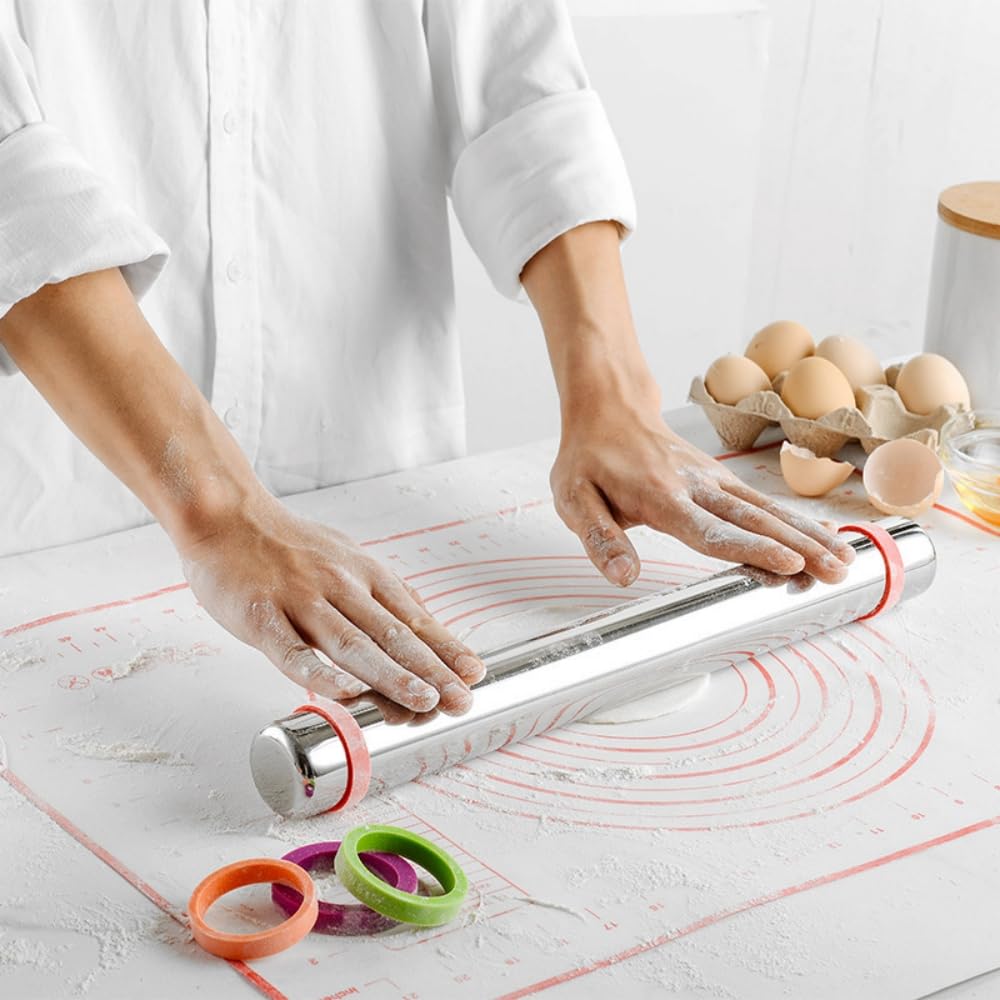Rodillo de acero inoxidable con anillos de grosor ajustable, 4 bandas de tamaño intercambiables para albóndigas/pasta/galletas, herramienta antiadherente para hornear de cocina (rodillo con anillos de 6