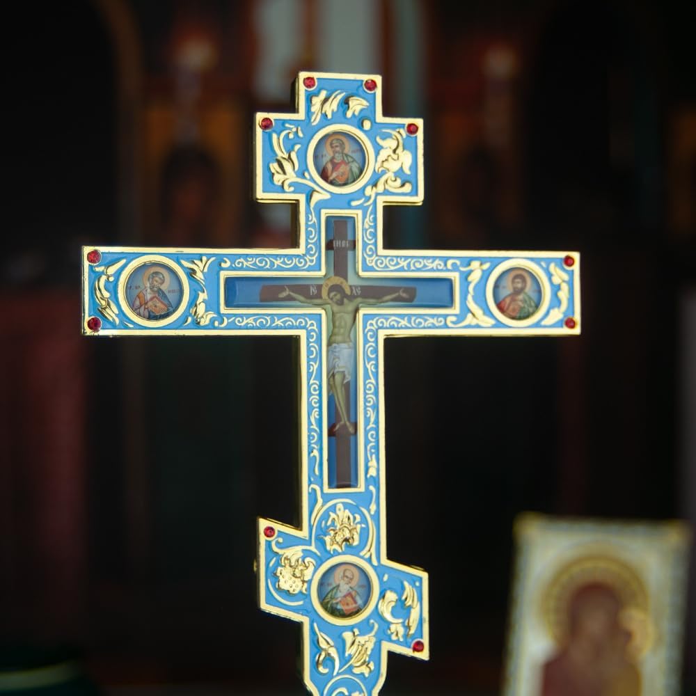 RZRHMUHN Orthodox Cross, Orthodox Standing Cross, Religious Gift, Desktop Decoration, Church Supplies, 13.4In*5.7In (Blue)