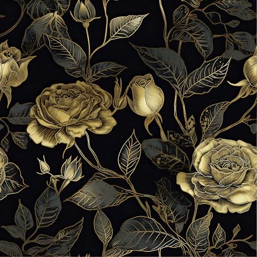 LACHEERY Tapete Floral Vintage Rose Schwarz Gold Wandtapete Selbstklebend Schlafzimmer 44.5cm x 700cm Tapeten Wohnzimmer Muster Vinyl Möbelfolie Dark Floral Folie Möbel Wasserdicht für Schrank