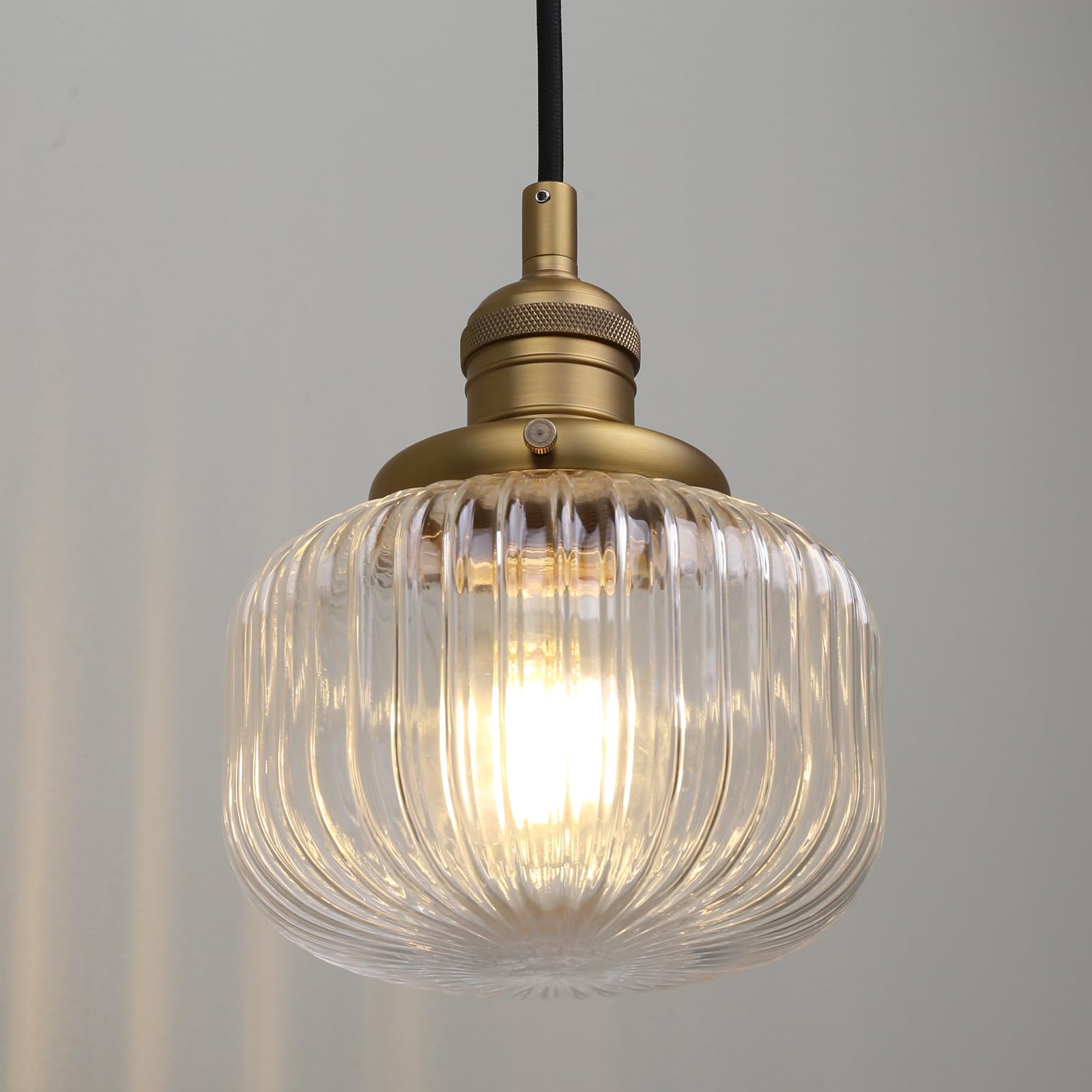 JIMUBEAM Industrial Style Ceiling Pendant Light with Clear Ribbed Glass Lampshade, Retro Rustic Hanging Lamp Fixture for Kitchen Island, Living Room, Bedroom, Hallway