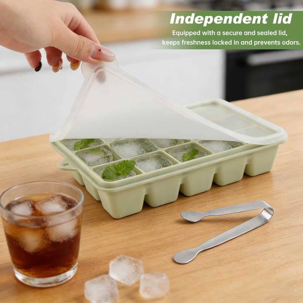 4‑Pack Silicone Ice Cube Trays with Lids & Ice Tongs