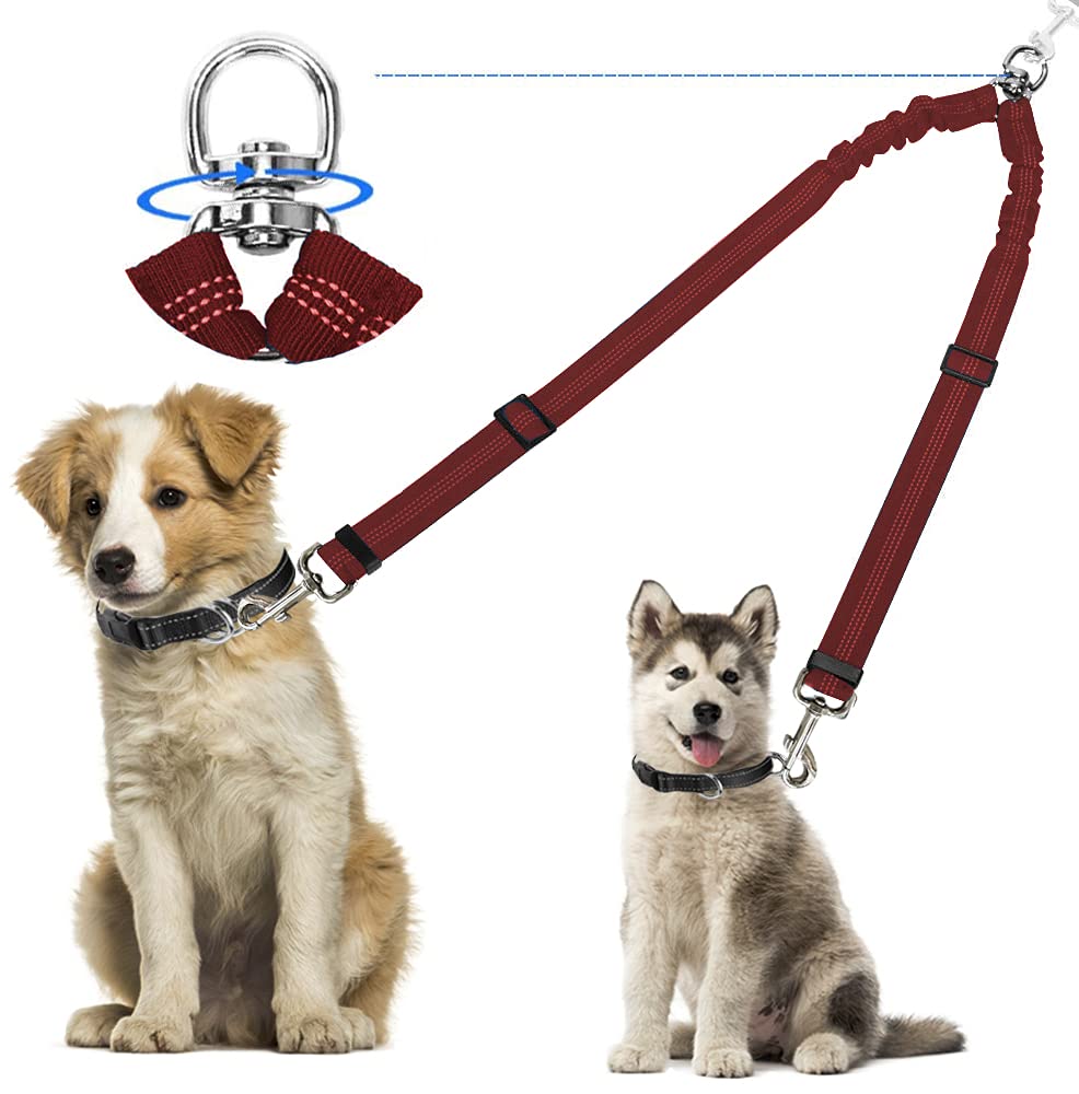 Double laisse pour chien, pas de nœuds, rotation à 360 °, 2 répartiteurs de laisse pour chien, très résistant, élastique, pour promener les chiots de petite, moyenne et grande taille (rouge)