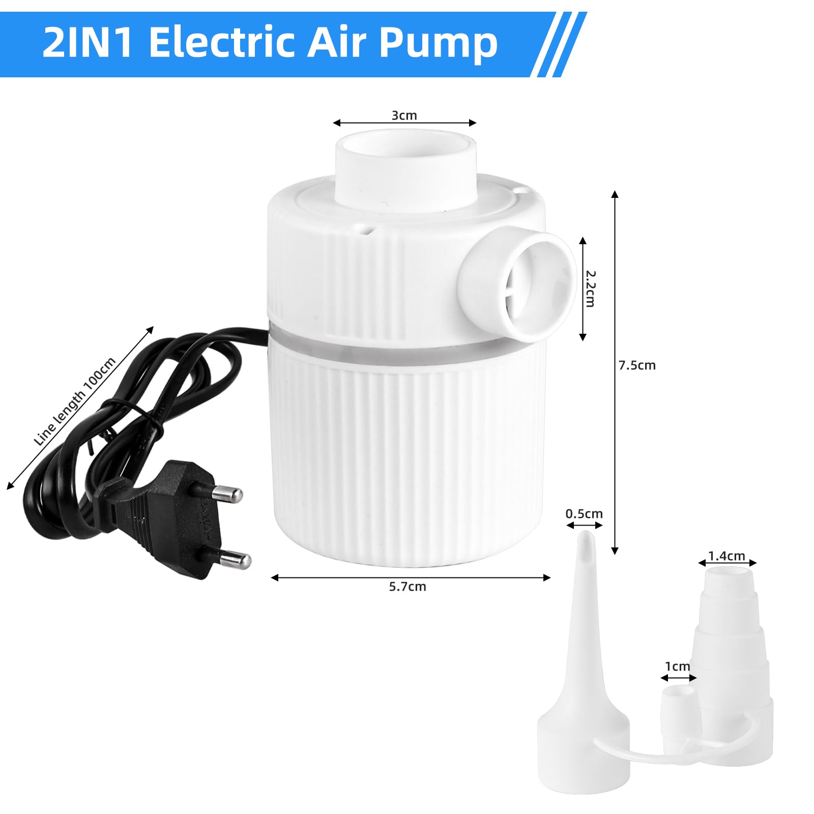 HOSPAOP Elektrische luchtpomp, 2-in-1, opblazen en leeglopen, draagbare elektrische pomp met 3 luchtsproeiers voor opblaasbare matras, bank, zwembad, opblaasbare boot, zwemring, 220 V - 240 V/12 V
