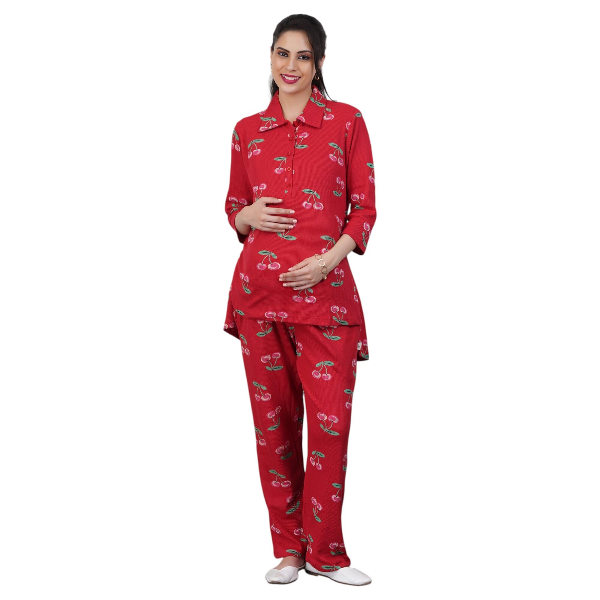 Waffle Cotton Kurta Set - Maternity Kurta Set for Women Feeding - Stylish Collar, Adjustable Knots, Three Fourth Sleeves, Winter Wear, Pants with Pockets-image-34