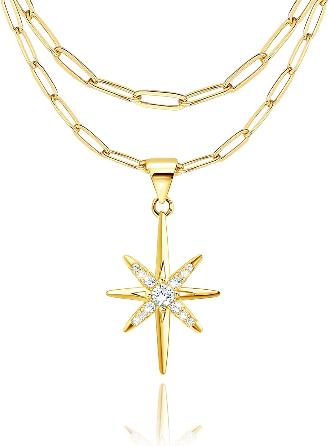 Gold Layered Necklaces for Women - Sterling Silver Stackable Pendant Necklace Double Paperclip Chain Cubic Zirconia Adjustable Twisted/Sun/Star Charm Necklace Gifts for Christmas Birthday