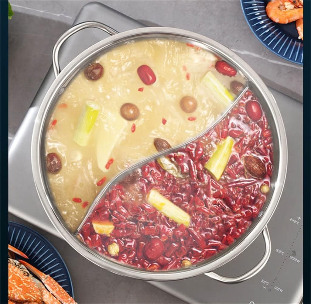 Chinese Hot Pot with Lid Thicken Stainless Steel 2 In 1 Hotpot Cooking Pan with Cover Gas Stove Cooker(D,30cm)