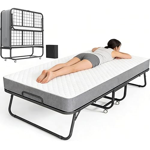 SUNCROWN 75” x 31” Folding Bed with Mattress, Portable Rollaway Bed, Space-Saving Sturdy Metal Frame, Fold up Bed with 5" Memory Foam Mattress, Fold Up, Roll Away, Hideaway, Office, Apartment