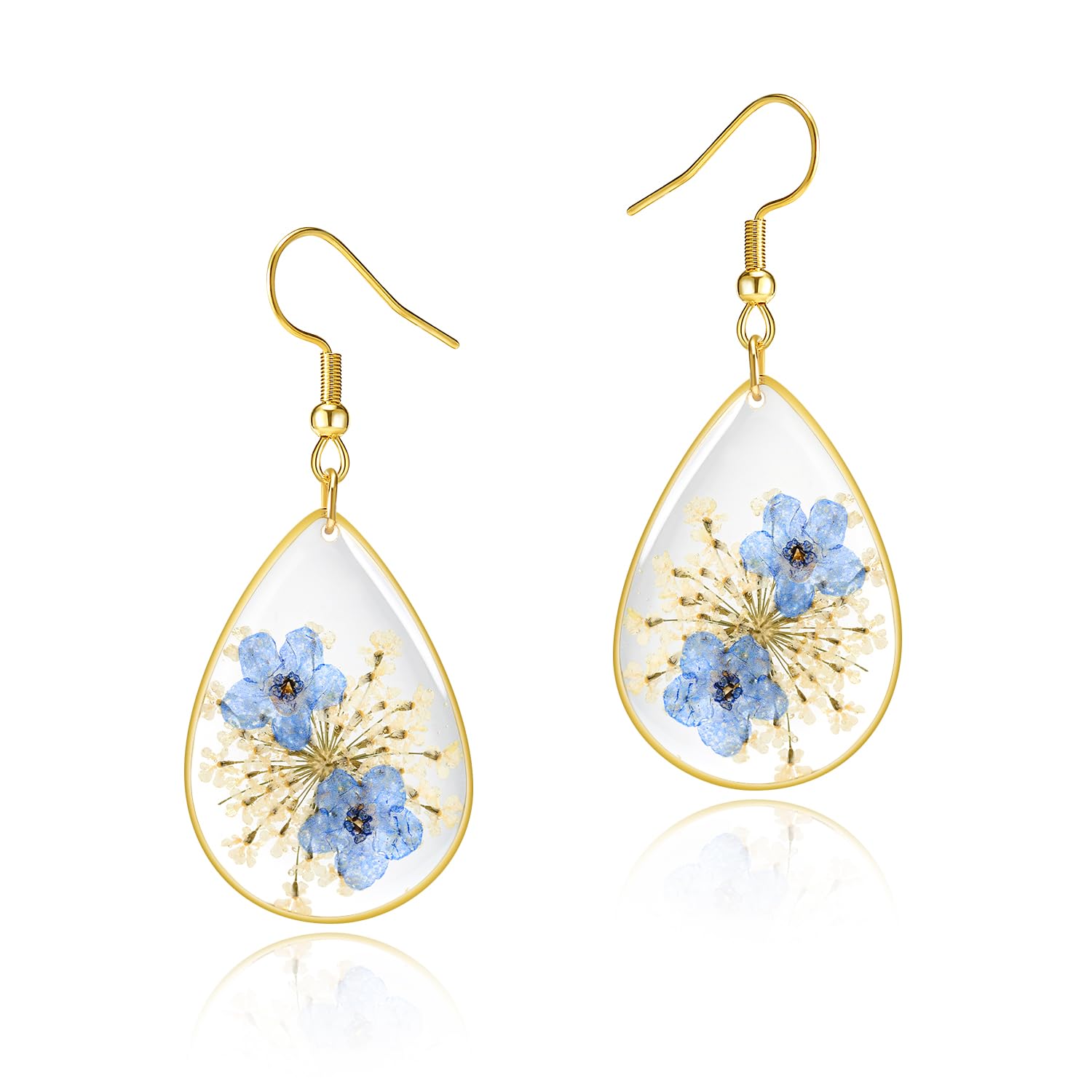 Jayden Forget-Me-Not and Queen Anne’s Lace Pressed Flower Earrings for Women, Handmade Bohemian Floral Jewelry, Unique Personalized Gift for Girls &