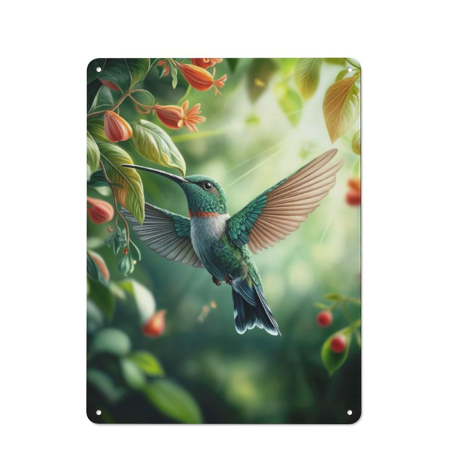 Junmoney Style-17 Hummingbird Feeding On Flower Rustic Tin Sign 40X30cm For Pub Or Café, For Collectors Building A Themed Wall Display