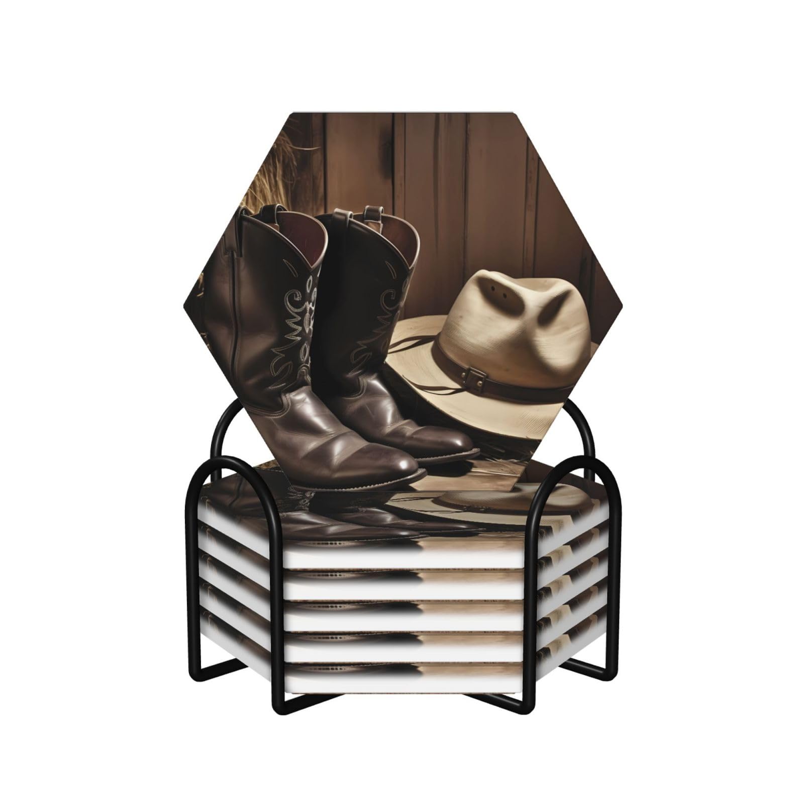 Dessous de verre en céramique lot de 6 style cowboy avec support en métal noir