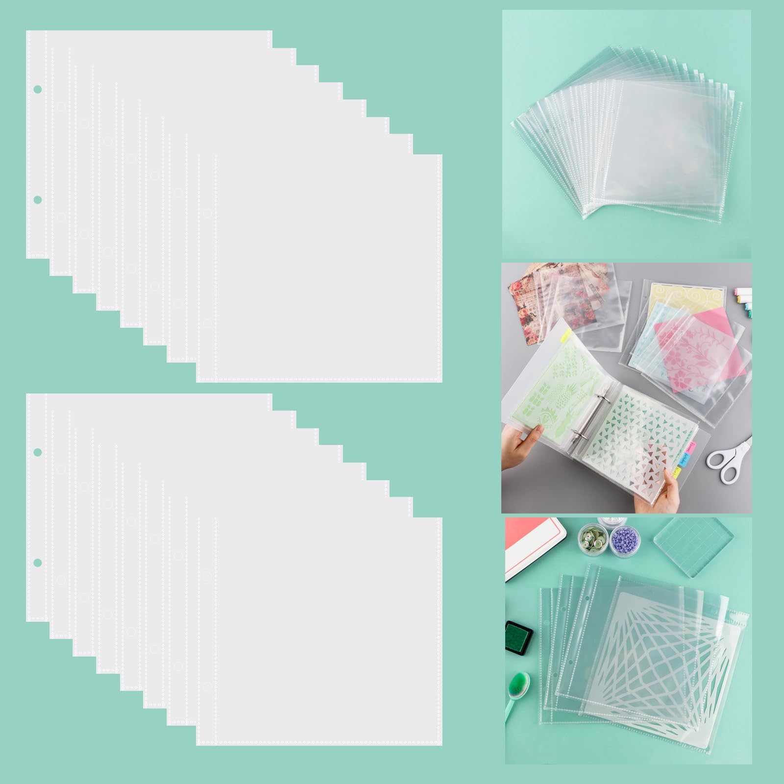 100 Pags 6" X6" Clear Plastic Binder Pockets,2 Holes 2 Pockets Per Page, can Fit More Stencils,Made Exclusively for Stencils,Die Cuts,Photos,Stamps Within Size 6x6 Storage Bills Organizer