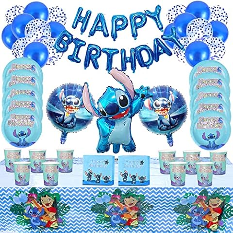 Forhome Lilo Stitch Children's Birthday Decoration, Lilo Stitch Party Accessories, Birthday Party Decorations, Plates, Cups, Napkins, Tablecloths, Bunting for 10 Guests Cover