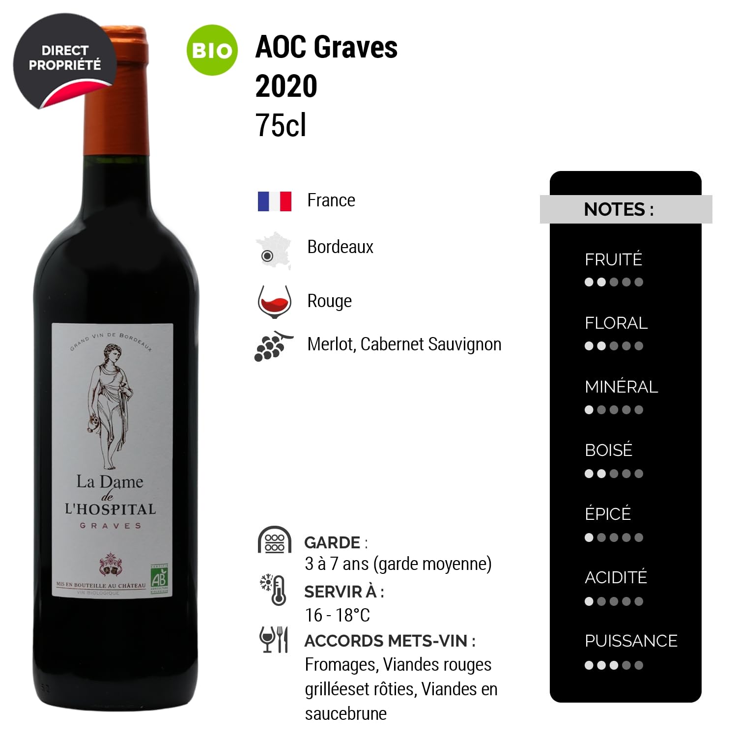Château de l'Hospital Graves La Dame de l'Hospital - Rouge 2020 - Vin Rouge de Bordeaux (6x75cl) BIO