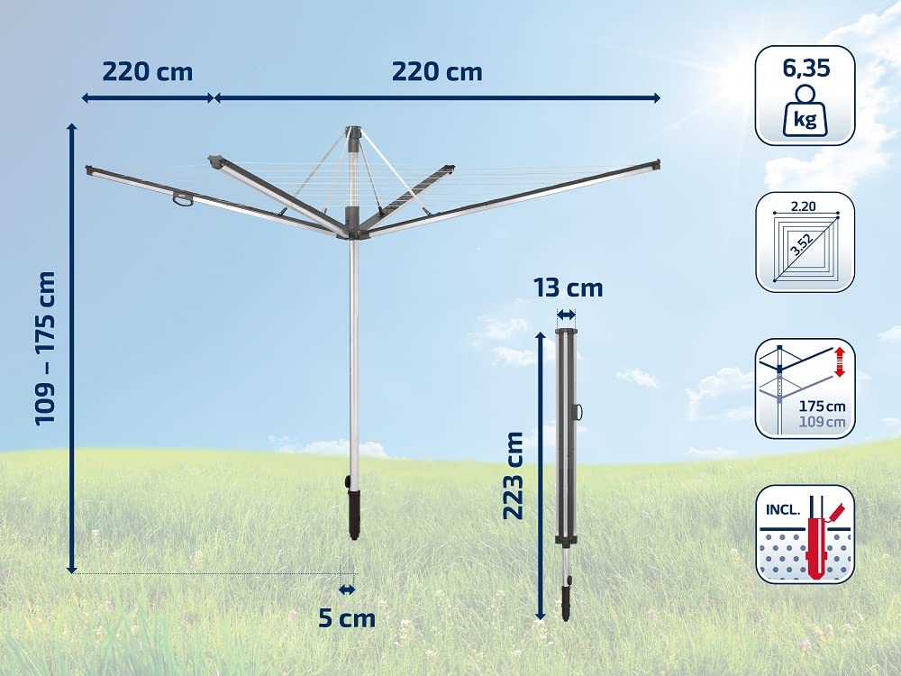 Leifheit Linomatic 600 Plus Wäschespinne höhenverstellbar 60m Wäscheleine inkl. Bodenhülse