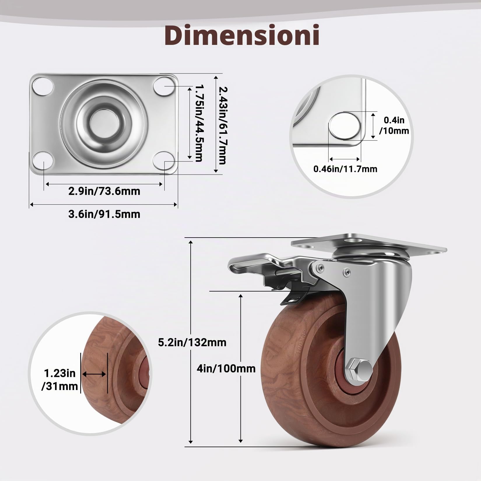 100mm Ruote per Carichi Pesanti con Freno Portata 800KG, Rotelle per Mobili Resistenti alle alte Temperature -20°C à +250°C, Ruote Girevoli per Officina di Fonderia e Saldatura, Set di 4