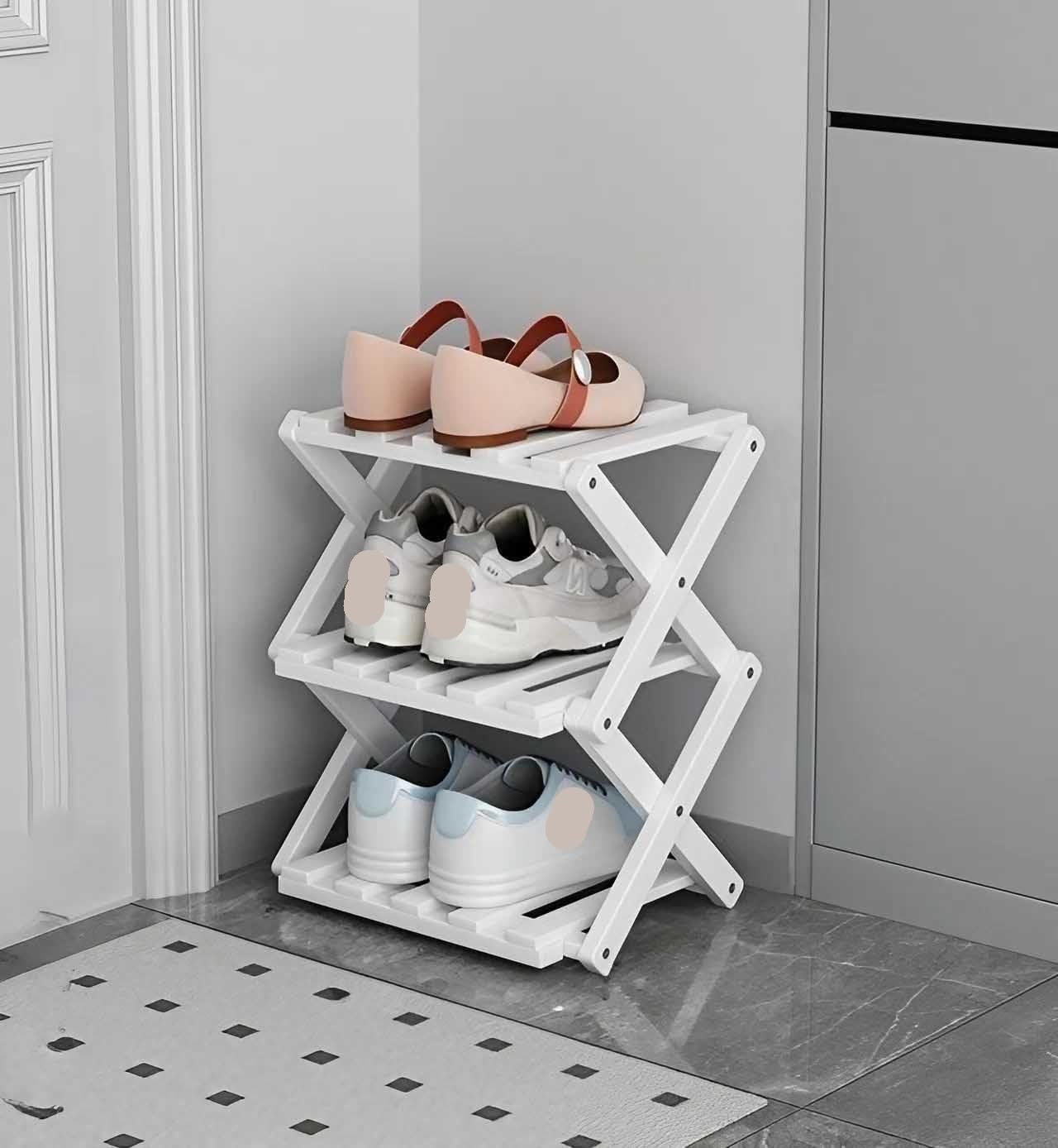 Rangement chaussures bambou pliable blanc pour petit couloir et salon sans montage