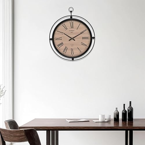 Miniatura 5 de Reloj de pared de madera de 24 pulgadas con números romanos, marco de metal negro y cubierta de cristal, elegante decoración del hogar, movimiento