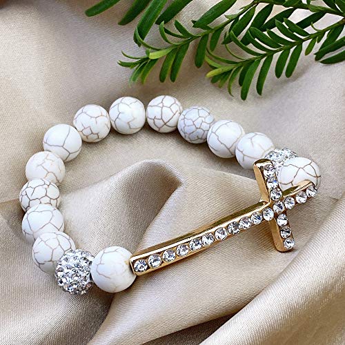 Bocar Metal Rhodium Plated Sideway Crystal Cross Simulated Turquoise Stretch Bracelet Bangle For Women Hot (Zp-Cream) #TOP1