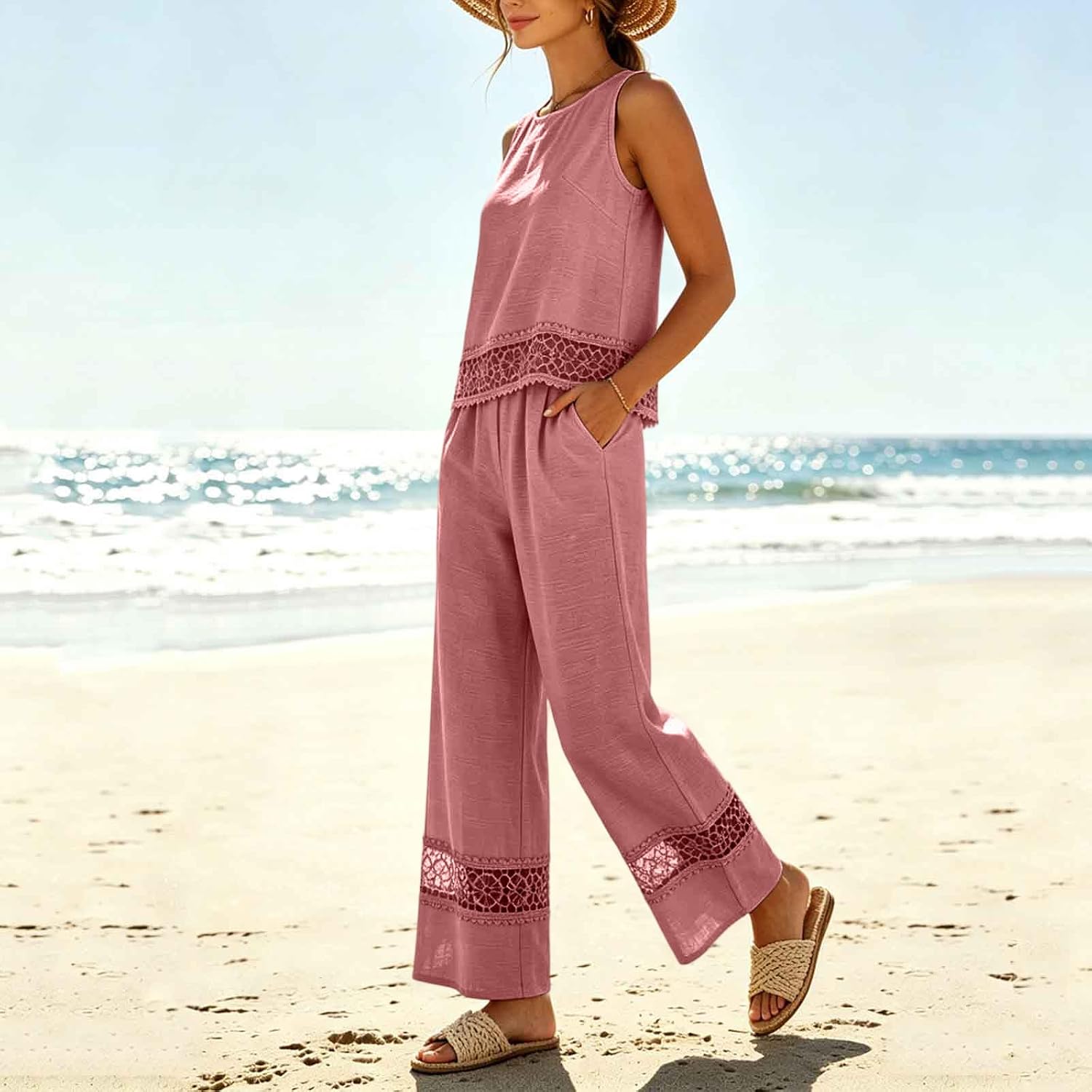 Women Lace 2 Piece Outfit Sleeveless Round Neck Tank Top and Wide Leg Pants with Pockets Vacation Casual Summer Set