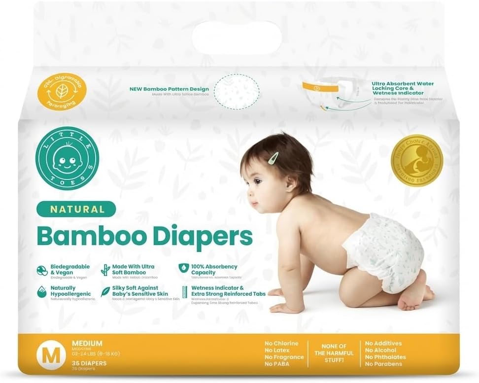 Little Toes Patented Natural Disposable Viscose Diapers ǀ Day and Overnight Diapers ǀ Sustainable ǀ Size 2-3 Medium | 36 Pack