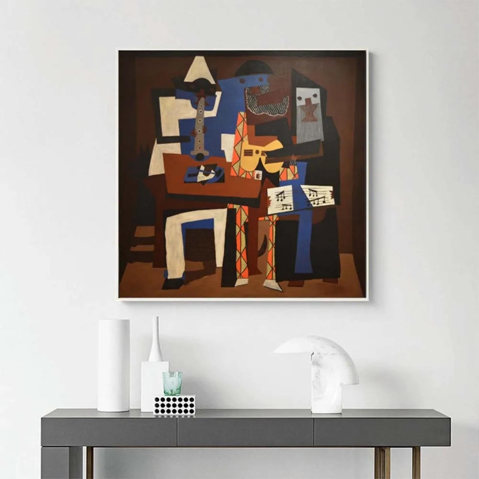 YAJNILUCK Picasso Famosi Tre Uomini Musicali Poster da Parete Arte Astratta Murale Decorazioni per la casa Immagine Tela Dipinto Decorazione del Soggiorno 60x60 cm (24x24 pollici) Cornice Interna
