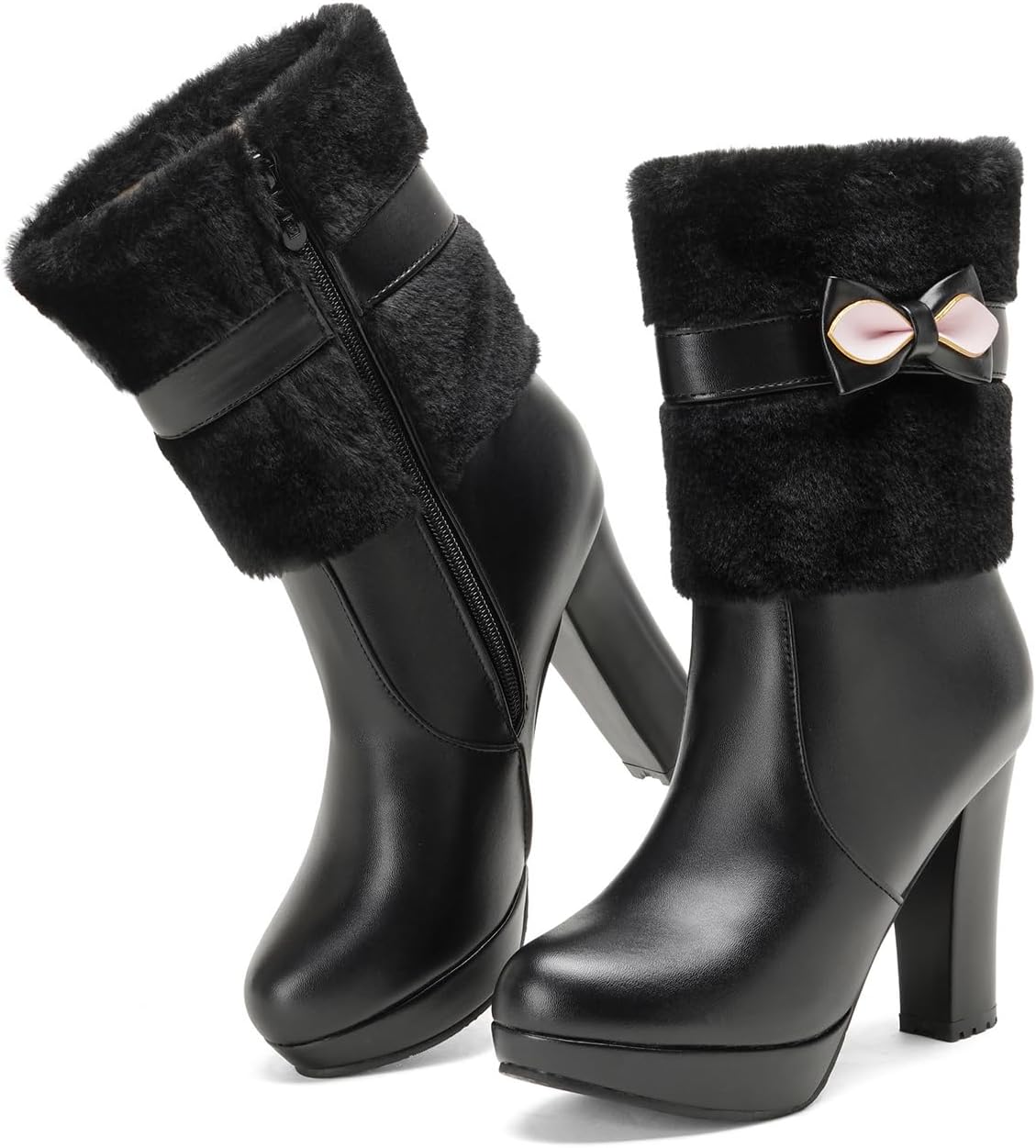 UTIKLIOU Women's Ankle Boots Platform Boots Side Zip Chunky Heel Booties with Fur Round Toe Leather Winter Boots for Women