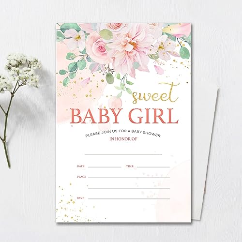 Miniatura 3 de YIDOU Invitaciones de fiesta de baby shower con diseño floral rosa para baby shower, 20 invitaciones y sobres (doble cara)