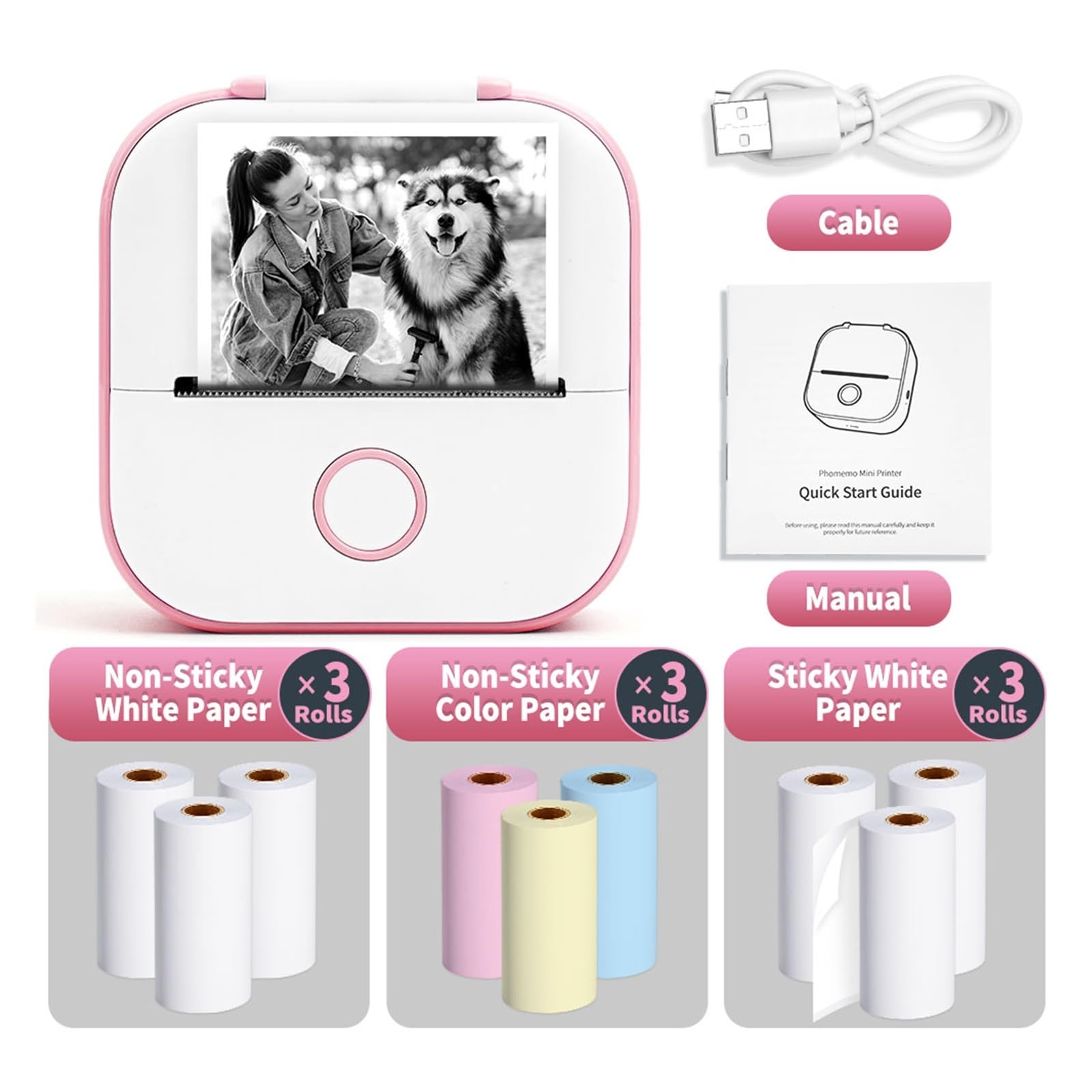 Imprimante Thermique D'éTiquettes Mini-imprimante Thermique Portable T02, Mini-imprimante D'étiquettes De Poche, Auto-adhésive, Machine À Étiquettes Autocollantes, Divers Papiers D'étiquettes(Pink-Set