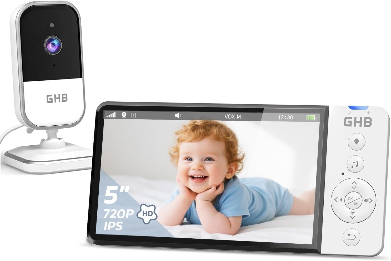 Ghb White Baby Monitor With Camera And Night Vision 5'' 720P Hd Video Baby Monitor Camera Ips Screen, Vox Mode, 2-Way Audio, Temperature Alert, 8 Lullabies, No App Or Wi-Fi Needed,
