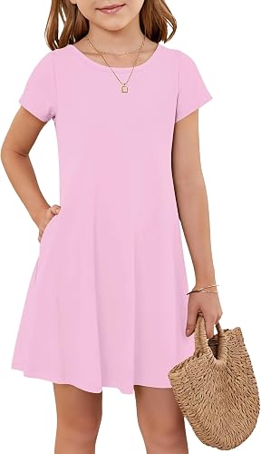 Girls Short Sleeve Summer Dress Kids Casual Crew Neck Swing Knee Twirly Skater S