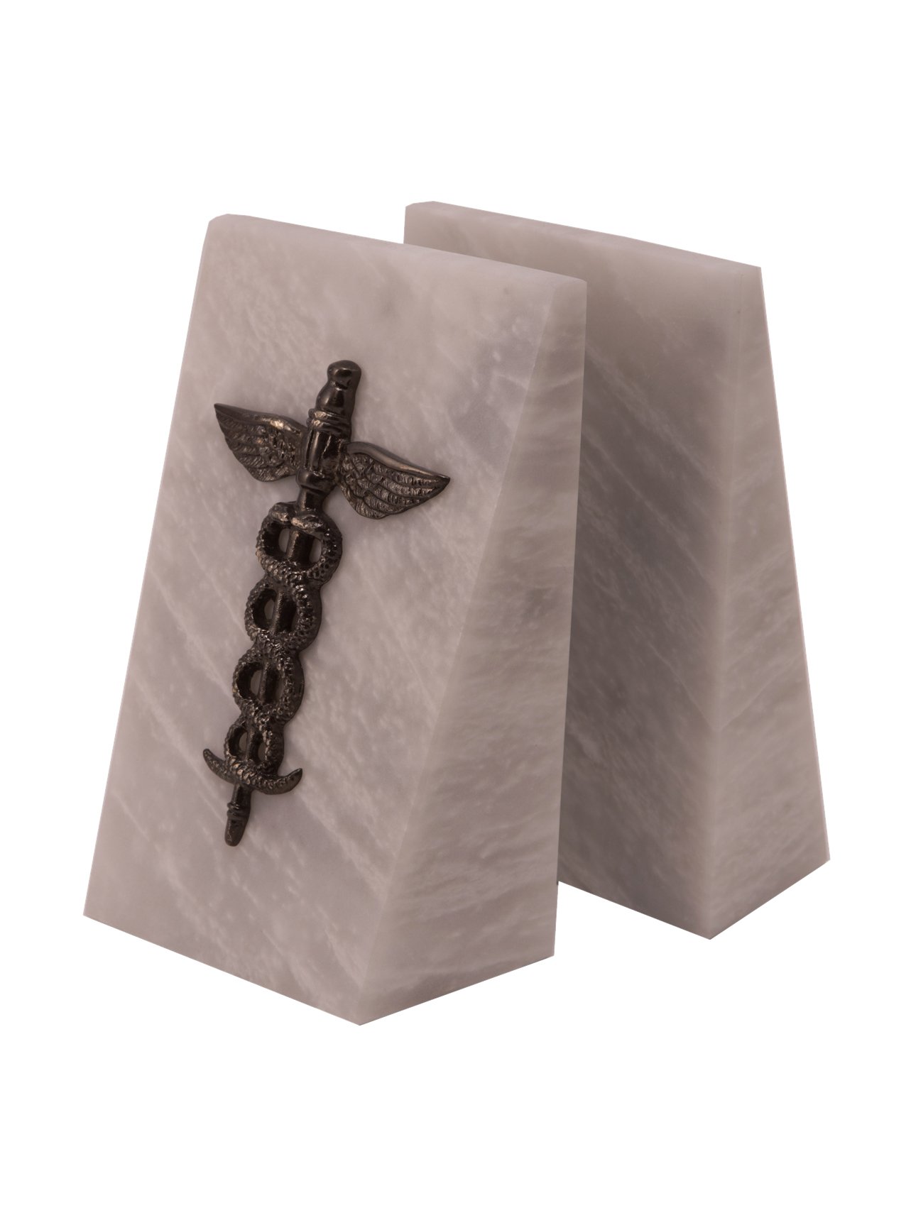 BeyBerk White Marble Bookends Antique SilverPlate "Medical" Emblem