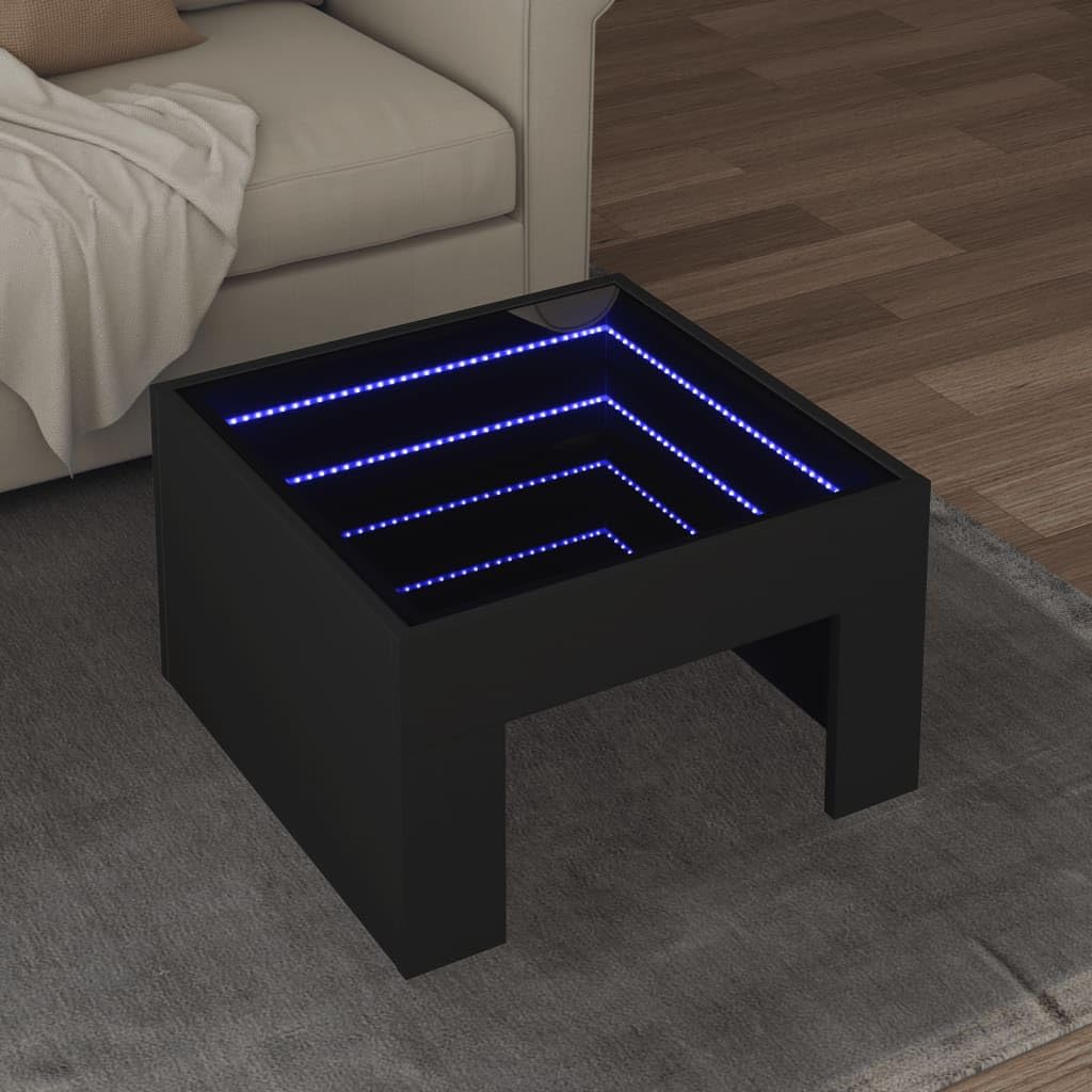 Table basse LED infini noire pour soirée salon moderne et cosy 50cm