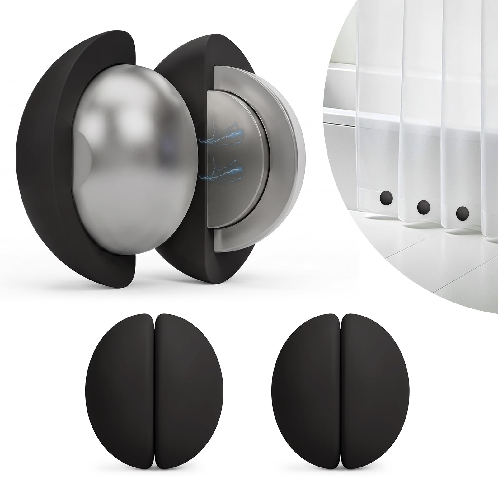 3 Pairs Shower Curtain Weights, Silicone Wrapped Heavy Duty Magnets, Rustproof and Waterproof Magnets Weights for Stable Shower Curtains, Liners Weights for Drapery, Flag, Tablecloth(Black,3 Pairs)
