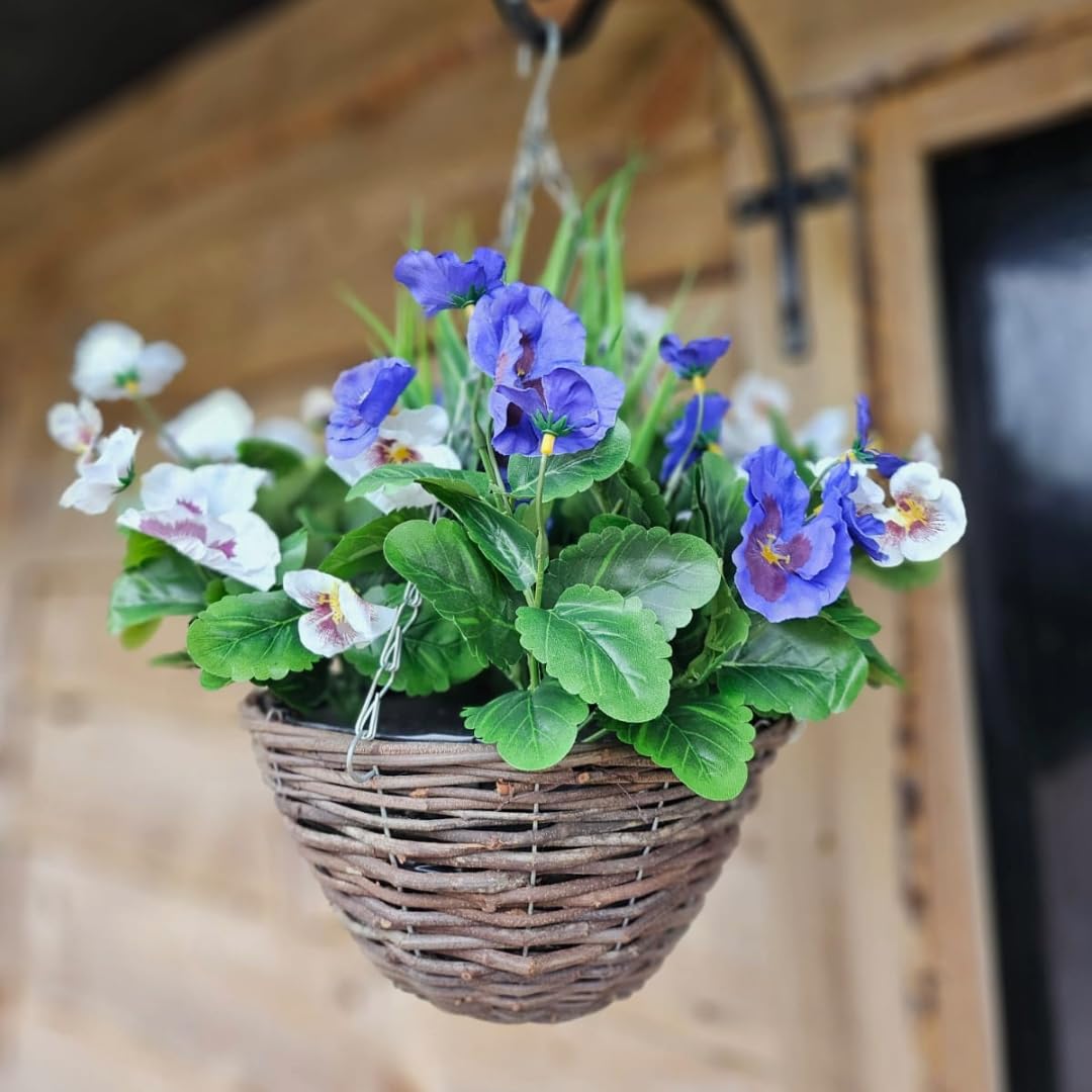 Best Artificial Lilac & White Pansy Flower With Decorative Rattan Hanging Basket For Indoor Or Outdoor Use from B&Q