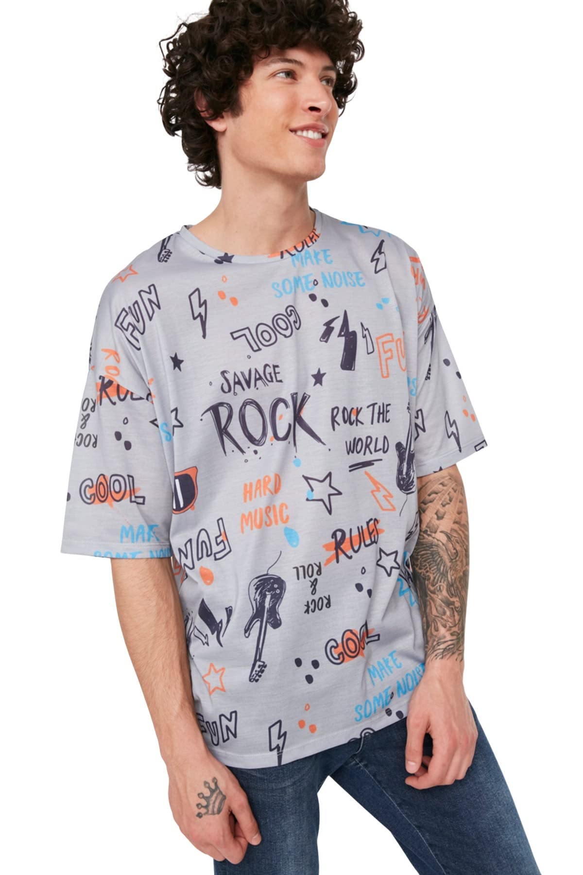 Trendyol Man Young Oversize Basic Crew Neck Knit T-Shirt Grey