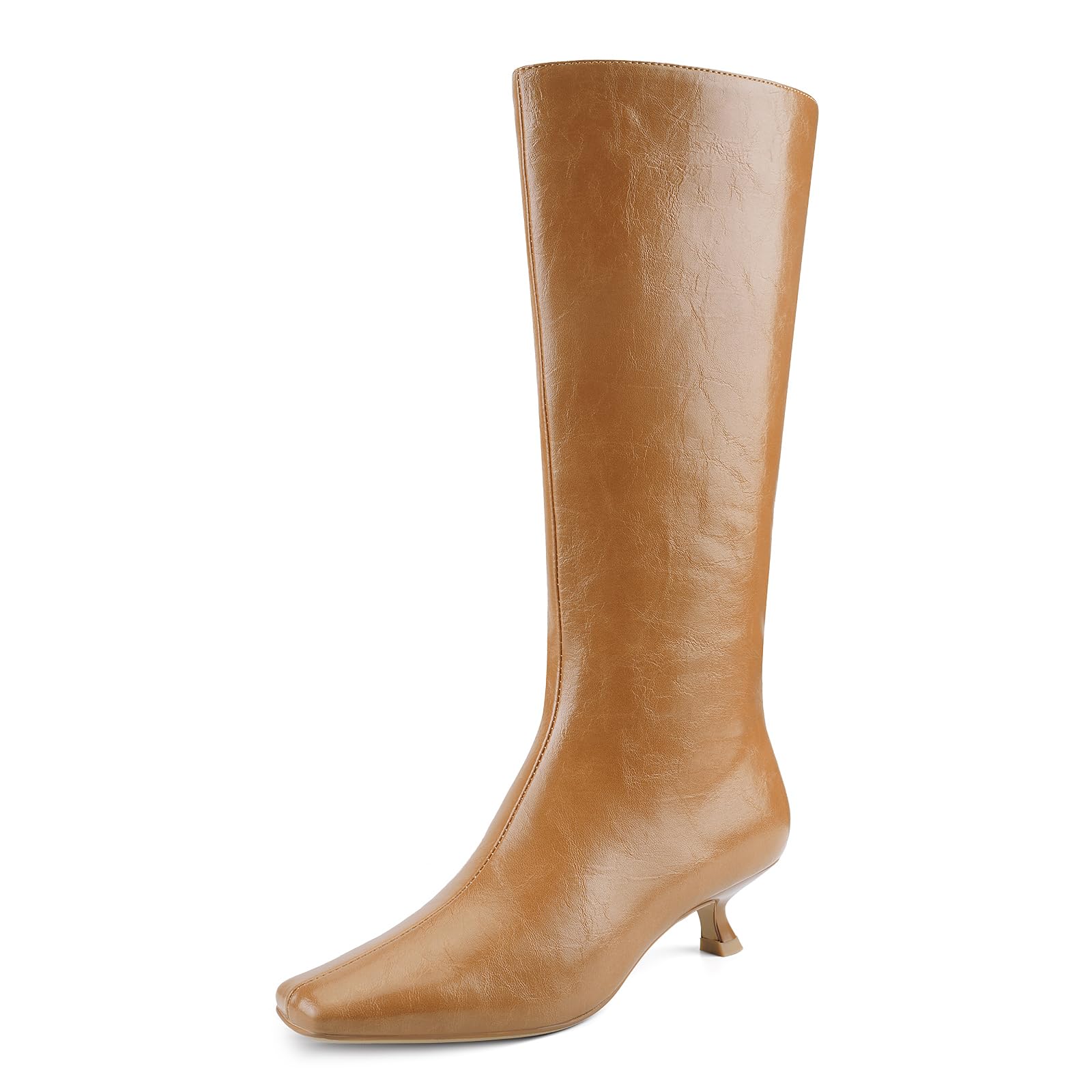 Knee High Boots Women Square Toe Kitten Low Heel Tall Boots Womens Leather Side Zipper Dress Fashion Fall