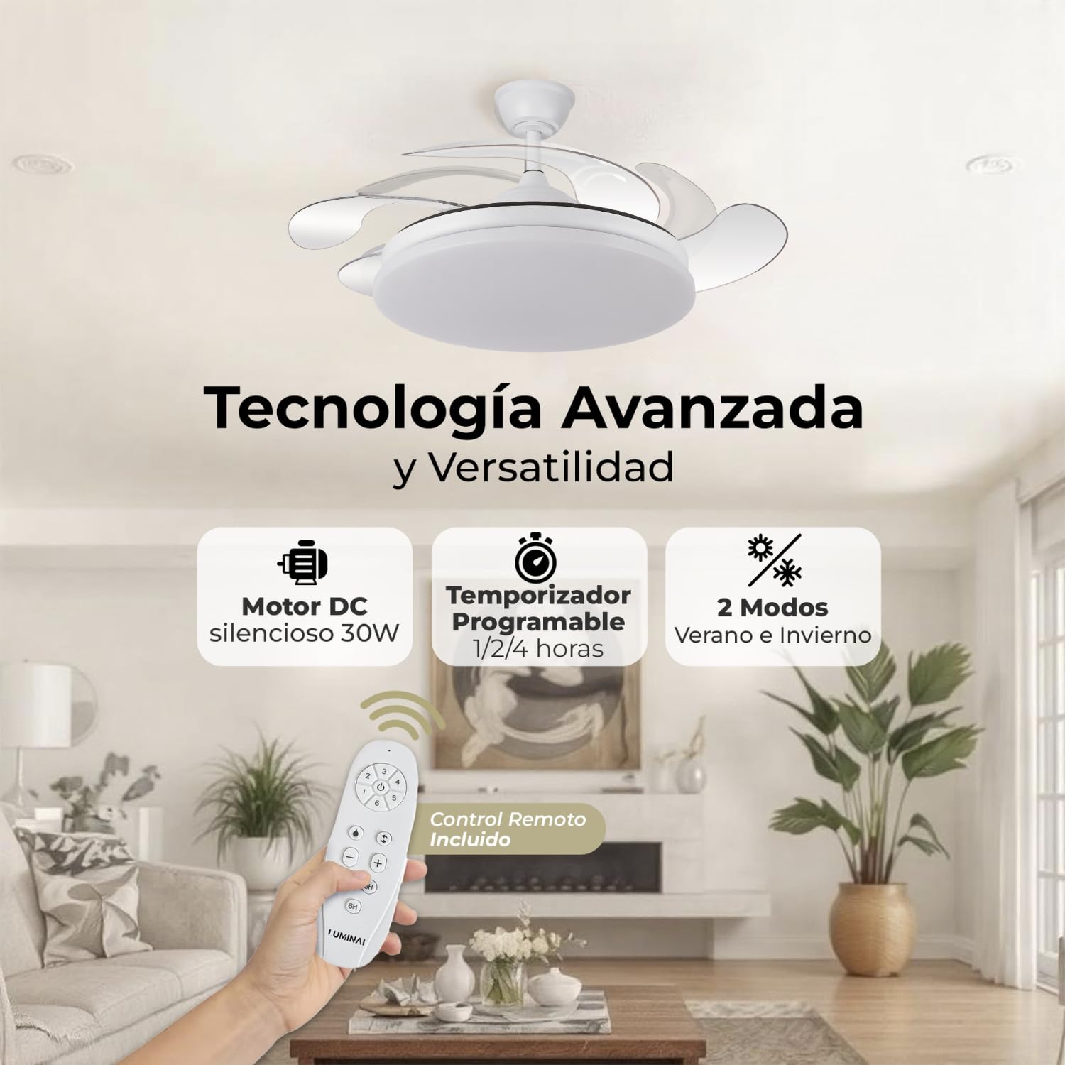 LUMIKING Ventilador de Techo Lampara con Luz LED, 107 CM - Silencioso 32 W de Motor con 4 Aspas - Ventiladores con Tonos de Luz Dimables y Funcion Verano/Invierno con Temporizador (Blanco, 107 cm)