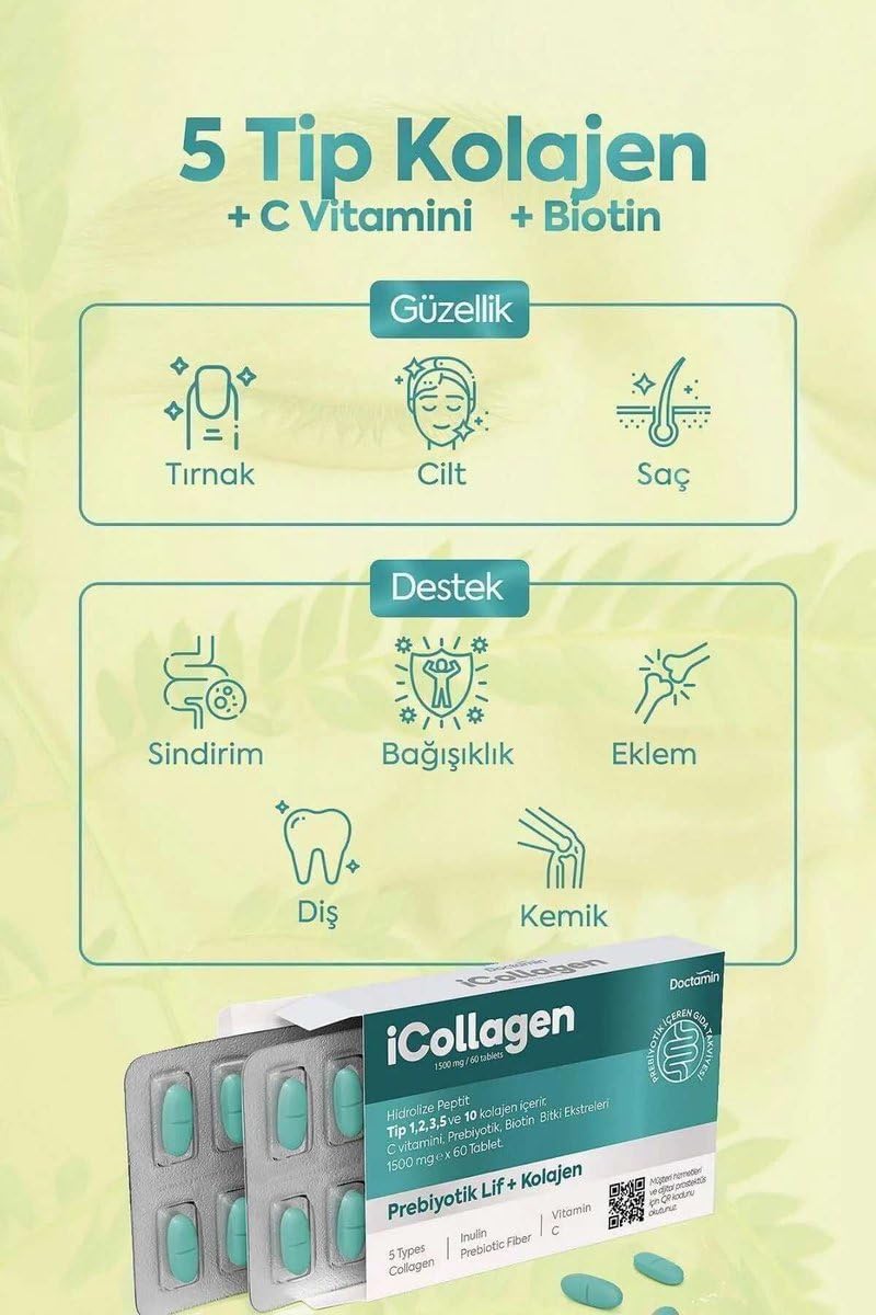 icollagen 5 Tip Kolajen Tablet Prebiyotik Desteği ile Sindirim Sistemine Yardımcı 3x60 Tablet