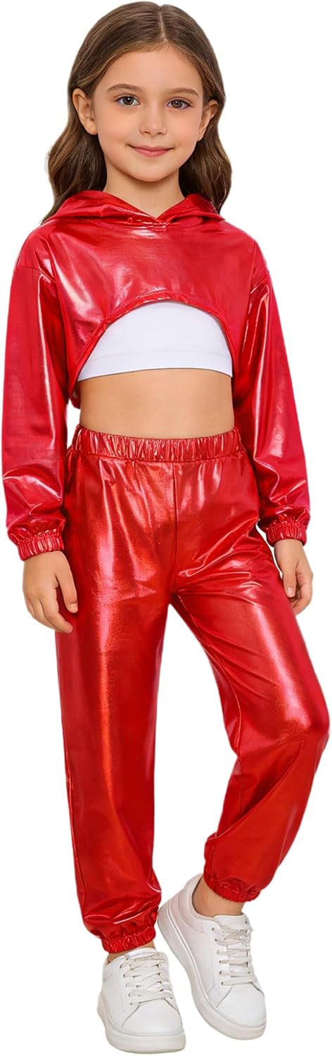 Kids Girls Jazz Street Dance Outfits Hip Hop Clothes Metallic Cropped Hoodie Vest and Sweatpants Set Activewear