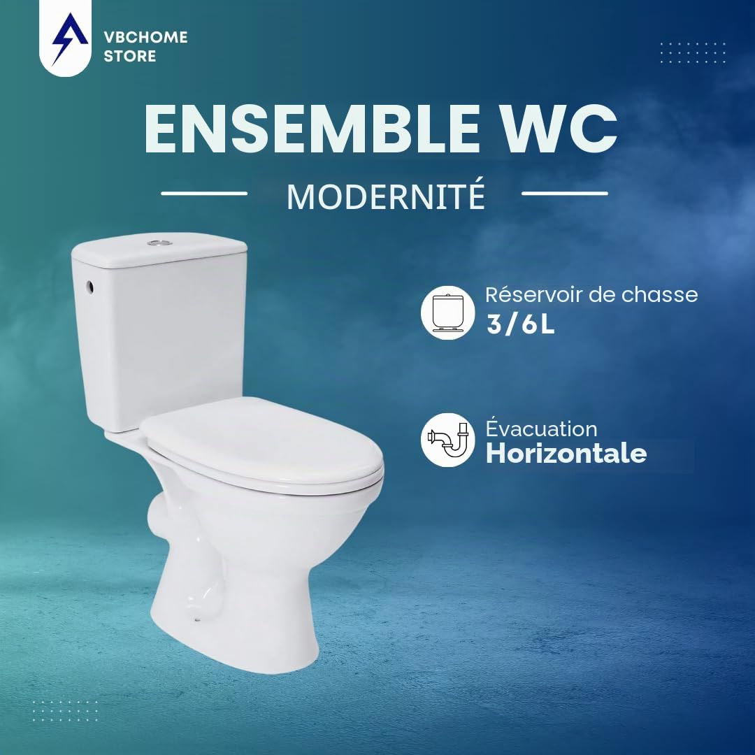 VBChome WC sur pied en céramique - Kit complet avec réservoir de chasse - Siège WC en polypropylène avec système d'abaissement automatique SoftClose pour sortie horizontale - Raccordement d'eau