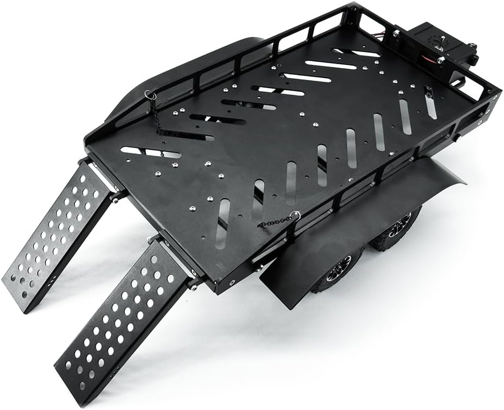 RC Utility TRX4M Trailer, Metal Alloy Construction, 1/18 Scale, Detachable Tow Hitch, 7x6x3.5 Inches, Compatible with RC Cars (Black)