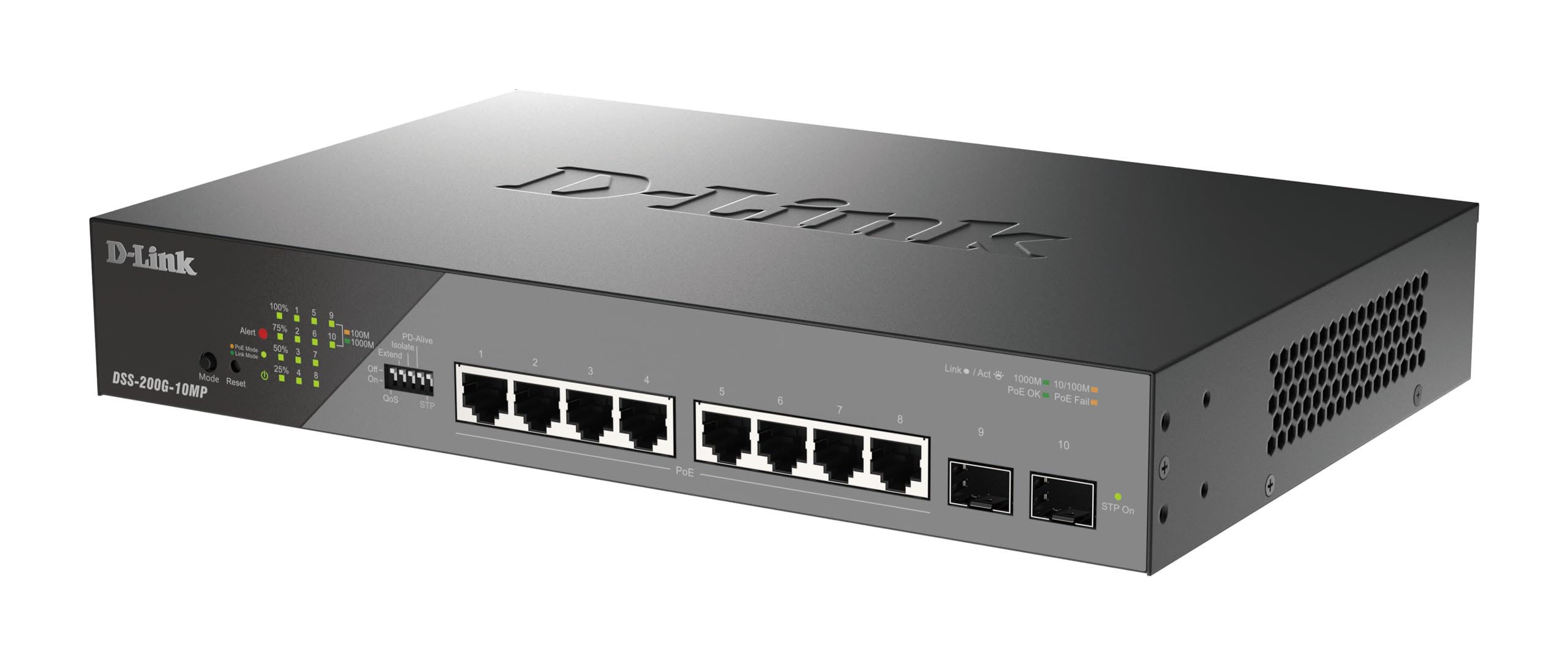 D-Link DSS-200G-10MP Smart Switch 10 Ports Gigabit PoE+ pour vidéosurveillance, 8 Ports PoE+ 1000BASE-T et 2 Ports SFP, 802.3af/at/BT, Budget PoE 130 W, Extension de 250 m, sans Ventilateur, ONVIF