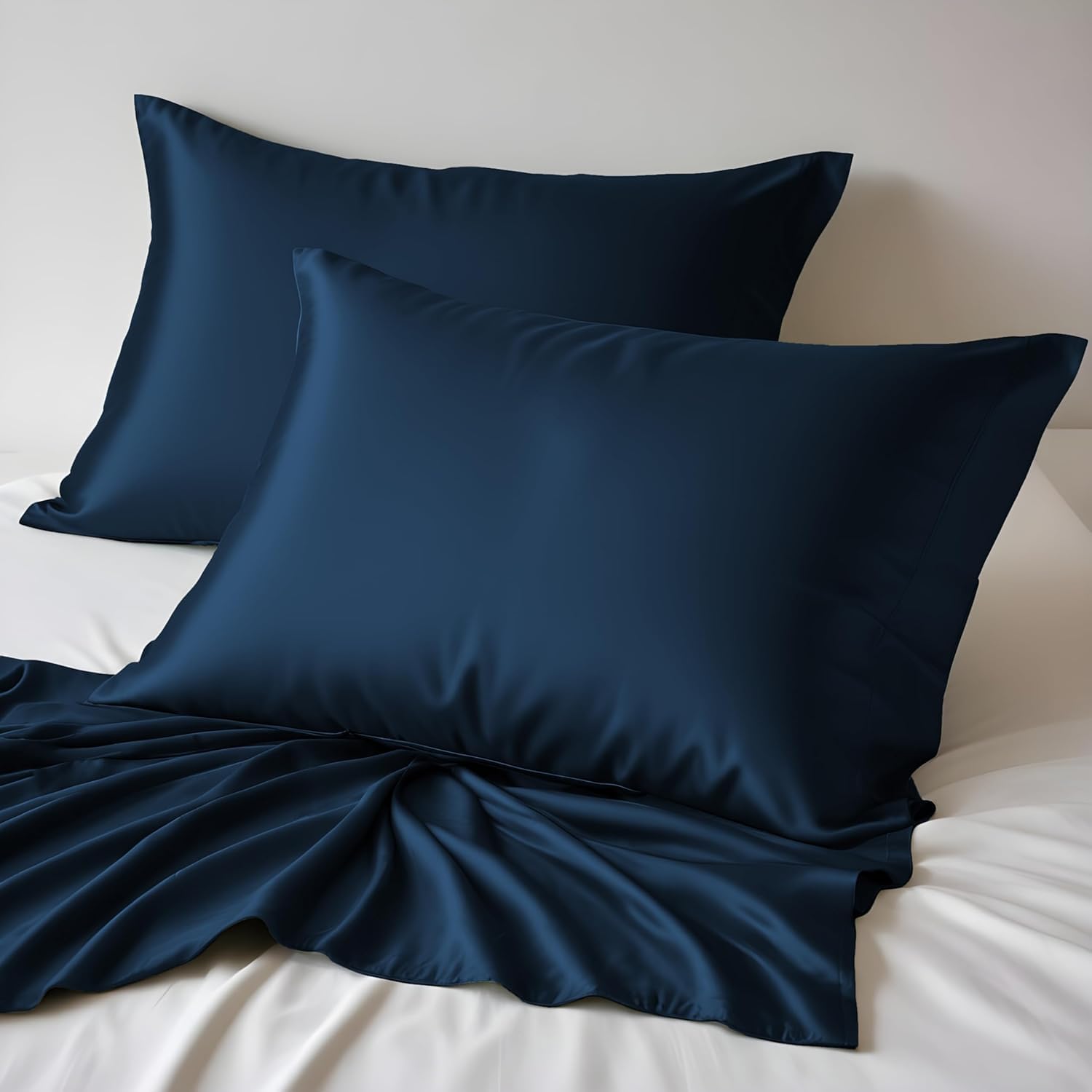 LINENWALAS 100% Organic Bamboo Pillow Cases 2 Pack, Cooling Pillowcases King Size 50x90 cm with Envelope Closure, Soft Premium Bamboo Silk Pillowcases for Hair and Skin (50x90 cm, Navy Blue) โ image 1